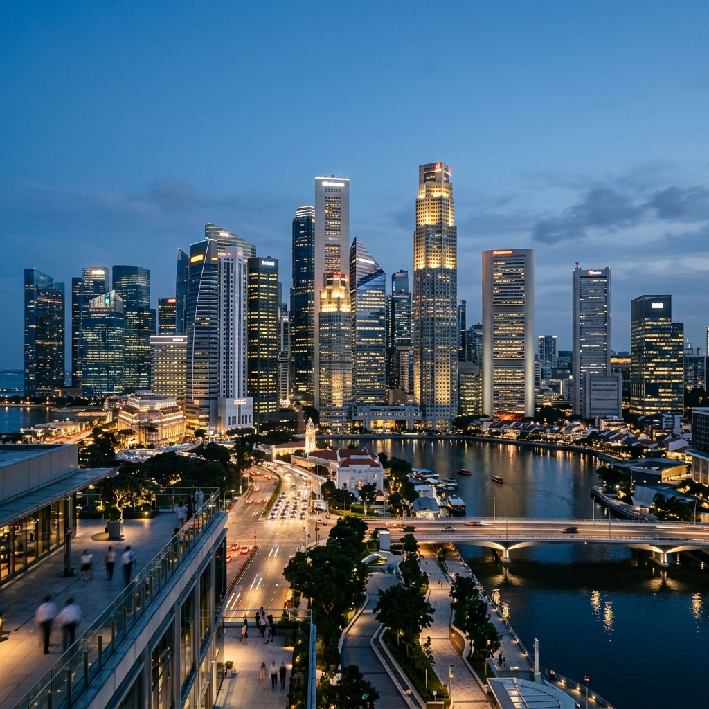City skyline at dusk with glowing towers