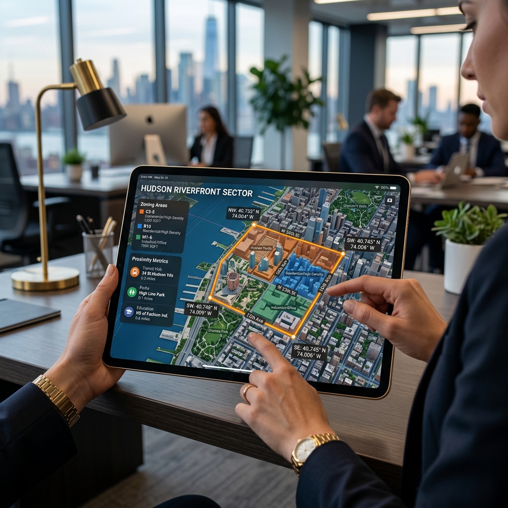 High-tech digital tablet with location intelligence GIS maps showing property boundaries